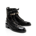 Chanel Quilted Lambskin Patent Leather Logo Cap Toe Combat Boots - Size 10 / 40