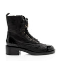 Chanel Quilted Lambskin Patent Leather Logo Cap Toe Combat Boots - Size 10 / 40
