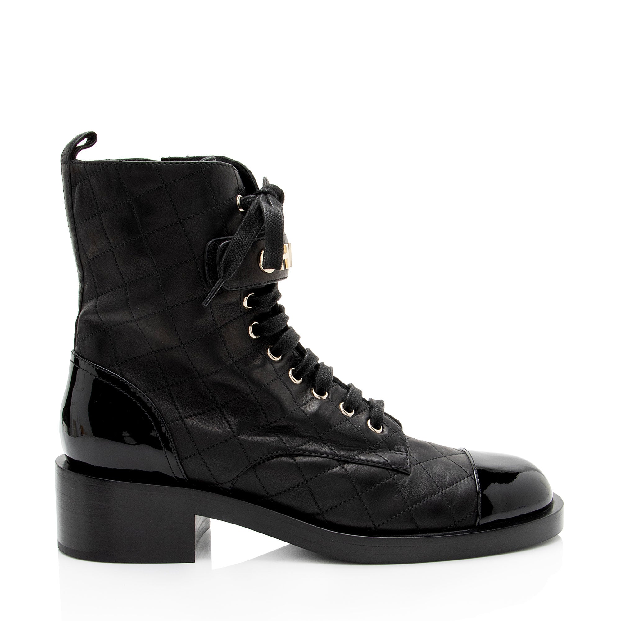 Chanel Quilted Lambskin Patent Leather Logo Cap Toe Combat Boots - Size 10 / 40
