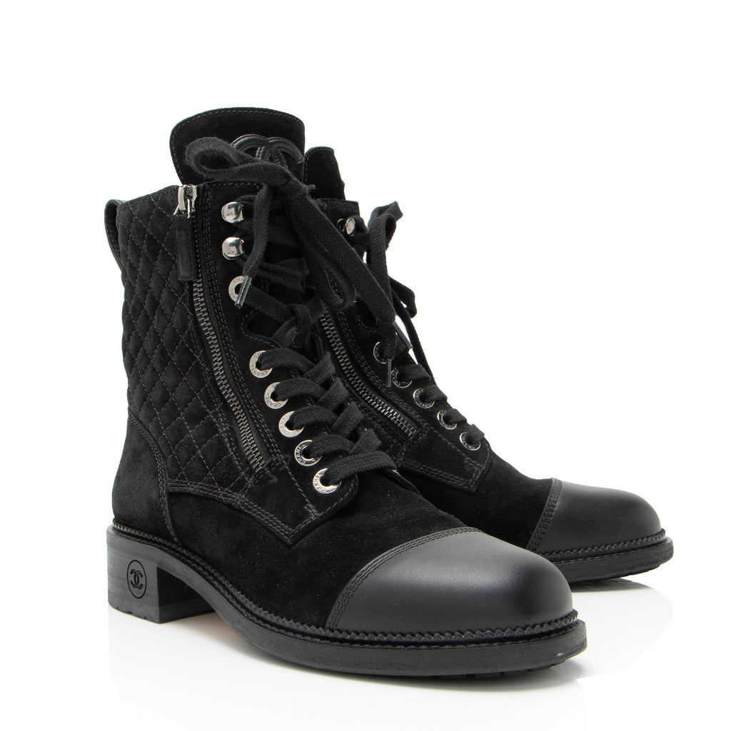 Chanel Quilted Suede CC Leather Cap Toe Combat Boots - Size 9 / 39