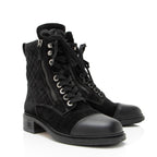 Chanel Quilted Suede CC Leather Cap Toe Combat Boots - Size 9 / 39