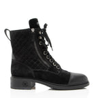Chanel Quilted Suede CC Leather Cap Toe Combat Boots - Size 9 / 39