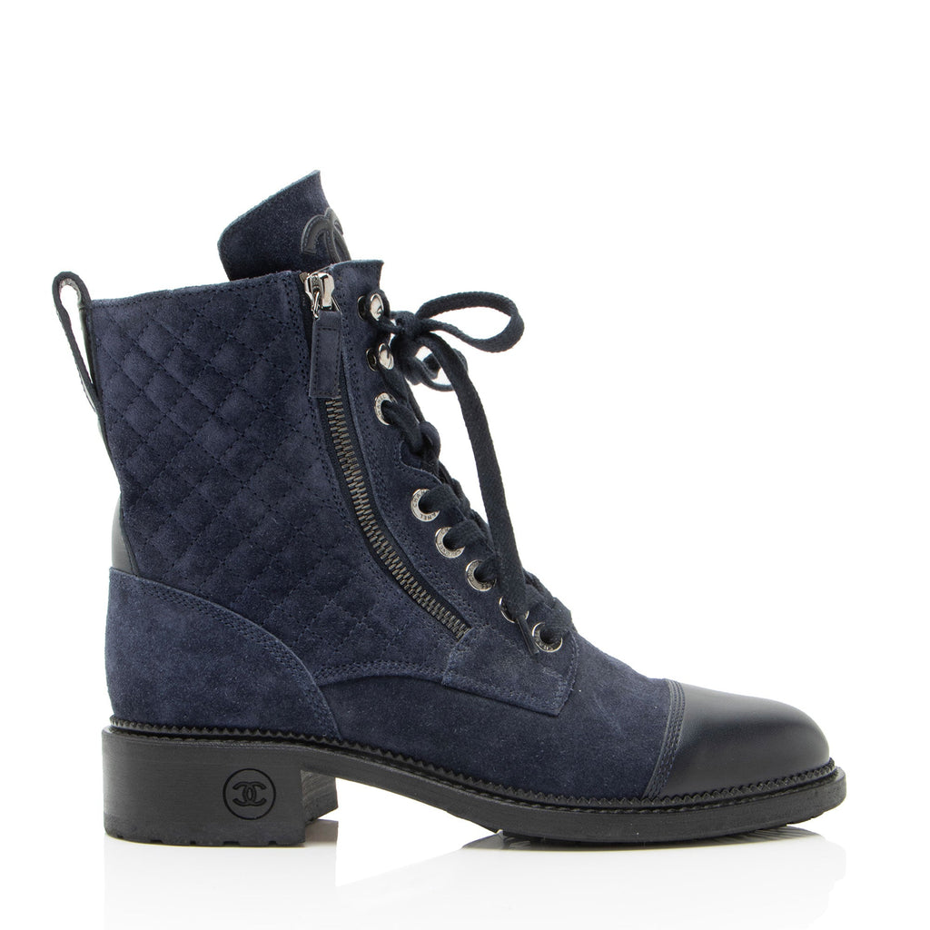 Chanel Quilted Suede CC Leather Cap Toe Combat Boots - Size 9 / 39