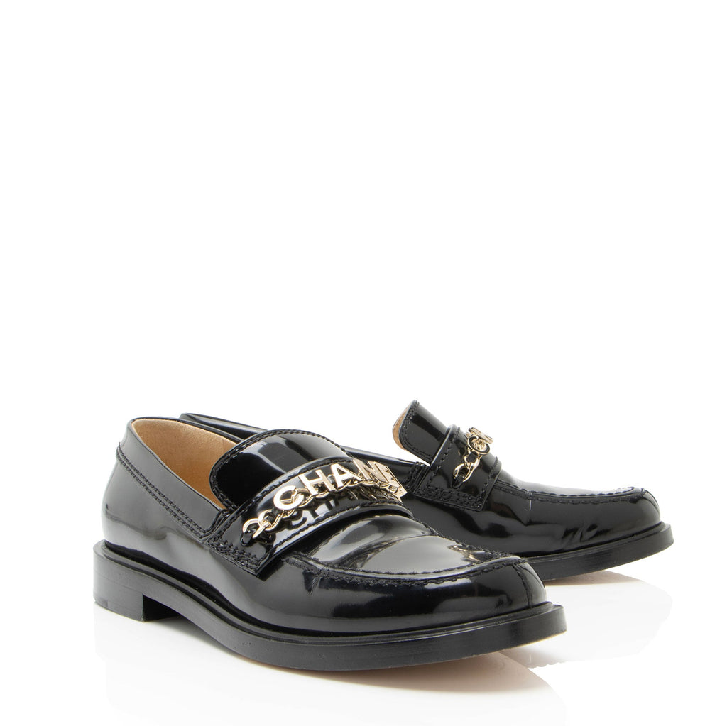 Chanel Shiny Calfskin Logo Chain Loafers - Size 8 / 38