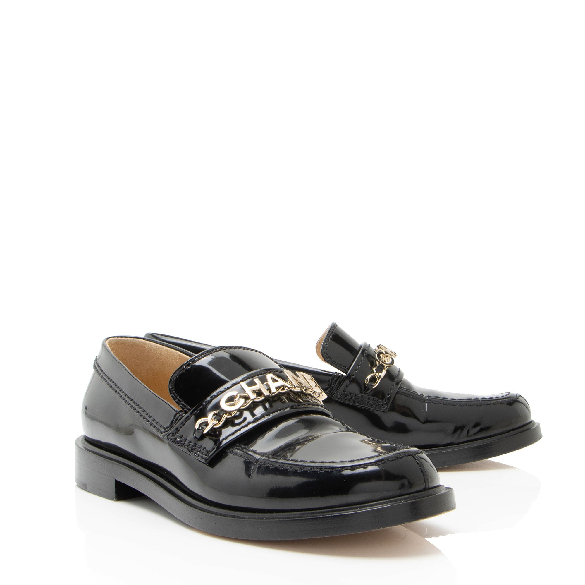 Chanel Shiny Calfskin Logo Chain Loafers - Size 8 / 38
