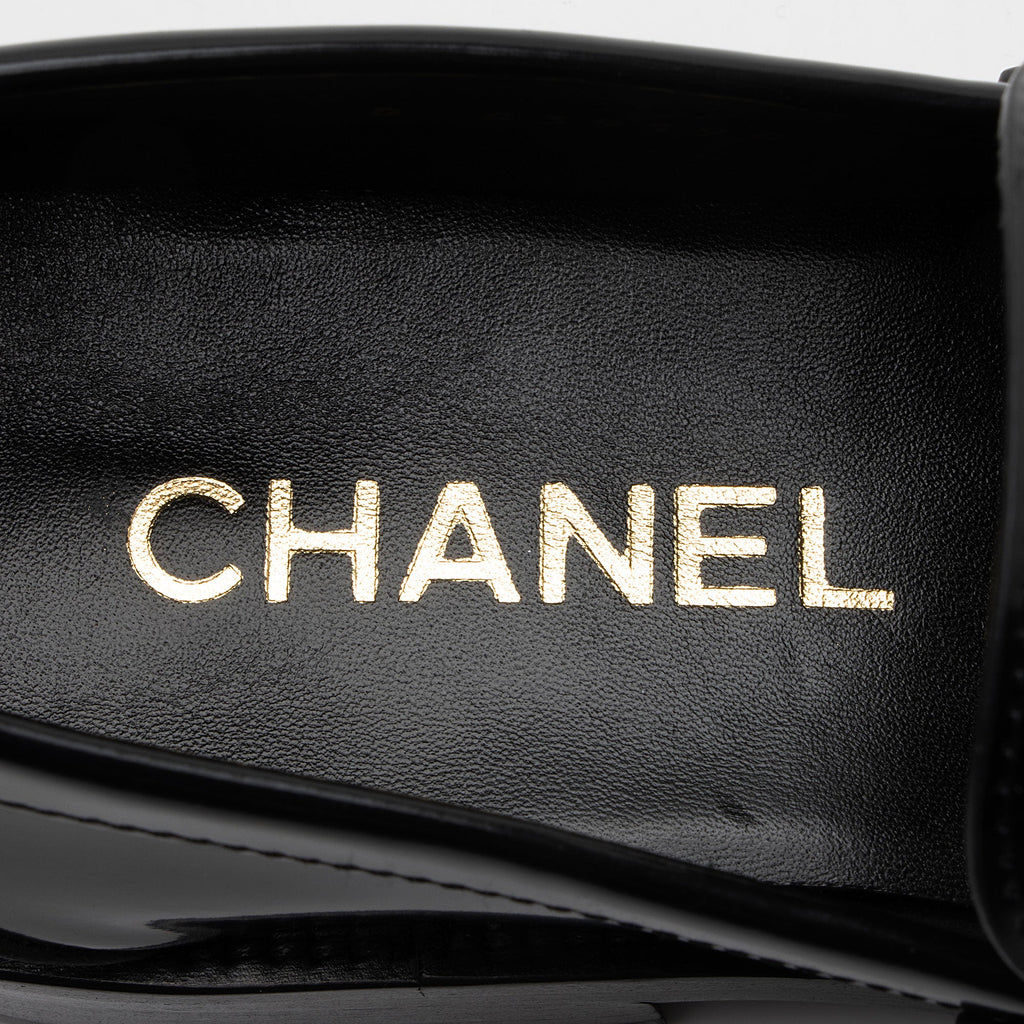 Chanel Shiny Calfskin Logo Loafers - Size 8 / 38