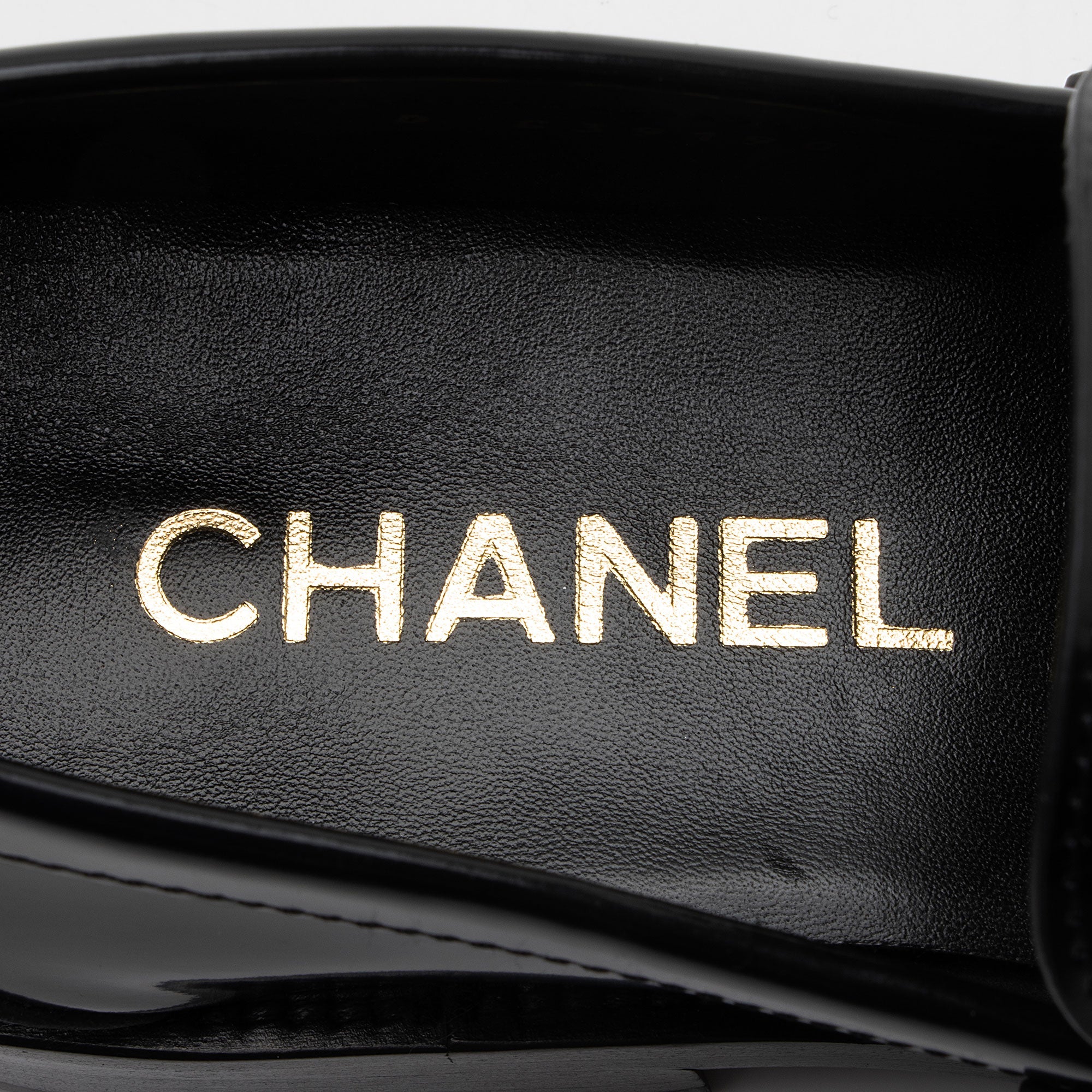 Chanel Shiny Calfskin Logo Loafers - Size 8 / 38