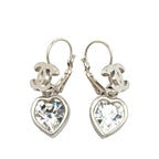 Chanel Silver CC Crystal Heart Drop Lever Back Earrings