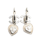 Chanel Silver CC Crystal Heart Drop Lever Back Earrings