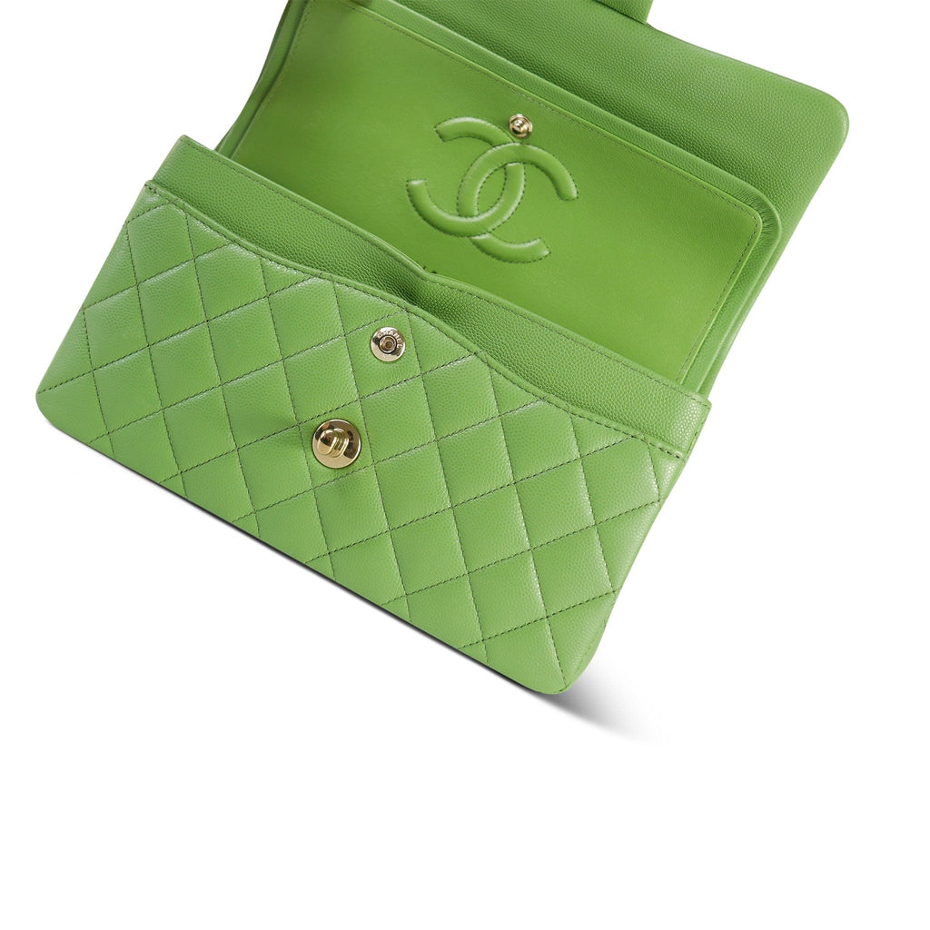 Chanel Green Caviar Quilted Classic Flap Small Light Gold Hardware