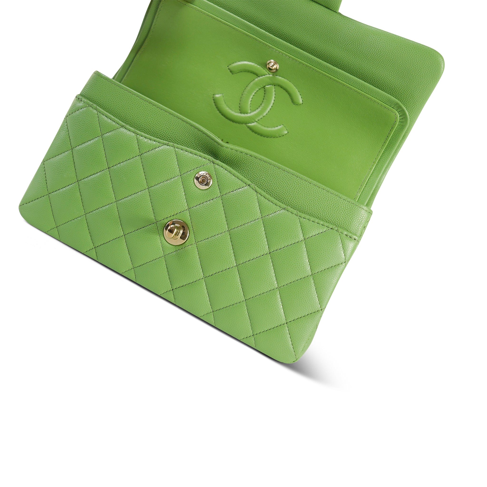 Chanel Green Caviar Quilted Classic Flap Small Light Gold Hardware