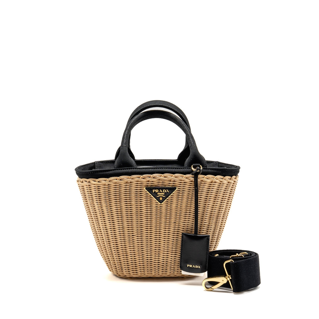 Prada Wicker Shopping Bag Canvas/Woven Tan/Black GHW
