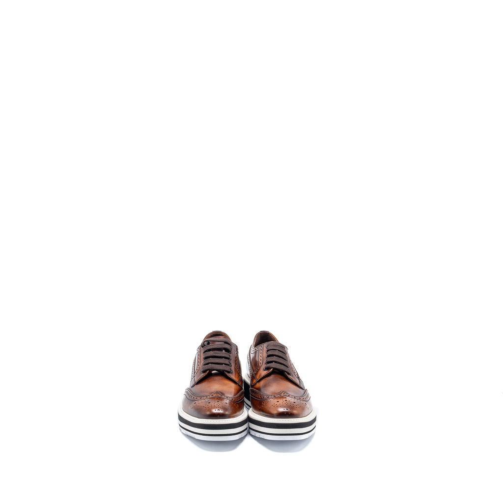 Prada Size 36.5 Brogue-Trim Platform Oxford Loafer Calfskin Brown