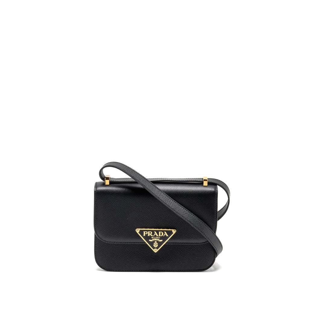 Prada Saffiano Leather Flap Shoulder Bag Calfskin Black GHW
