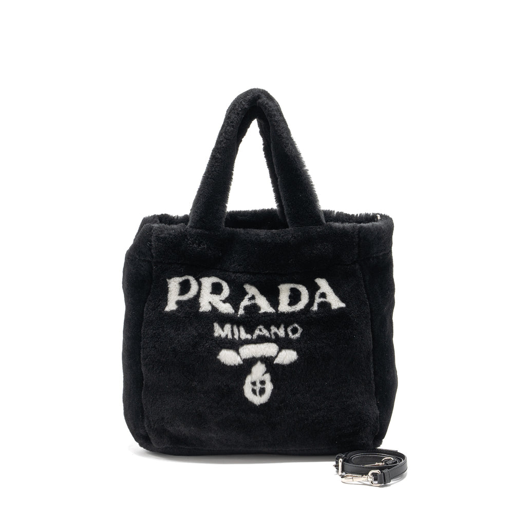 Prada Medium Tote Bag Shearling Black SHW