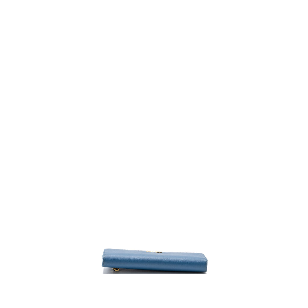 Prada Saffiano Long Wallet Calfskin Blue GHW