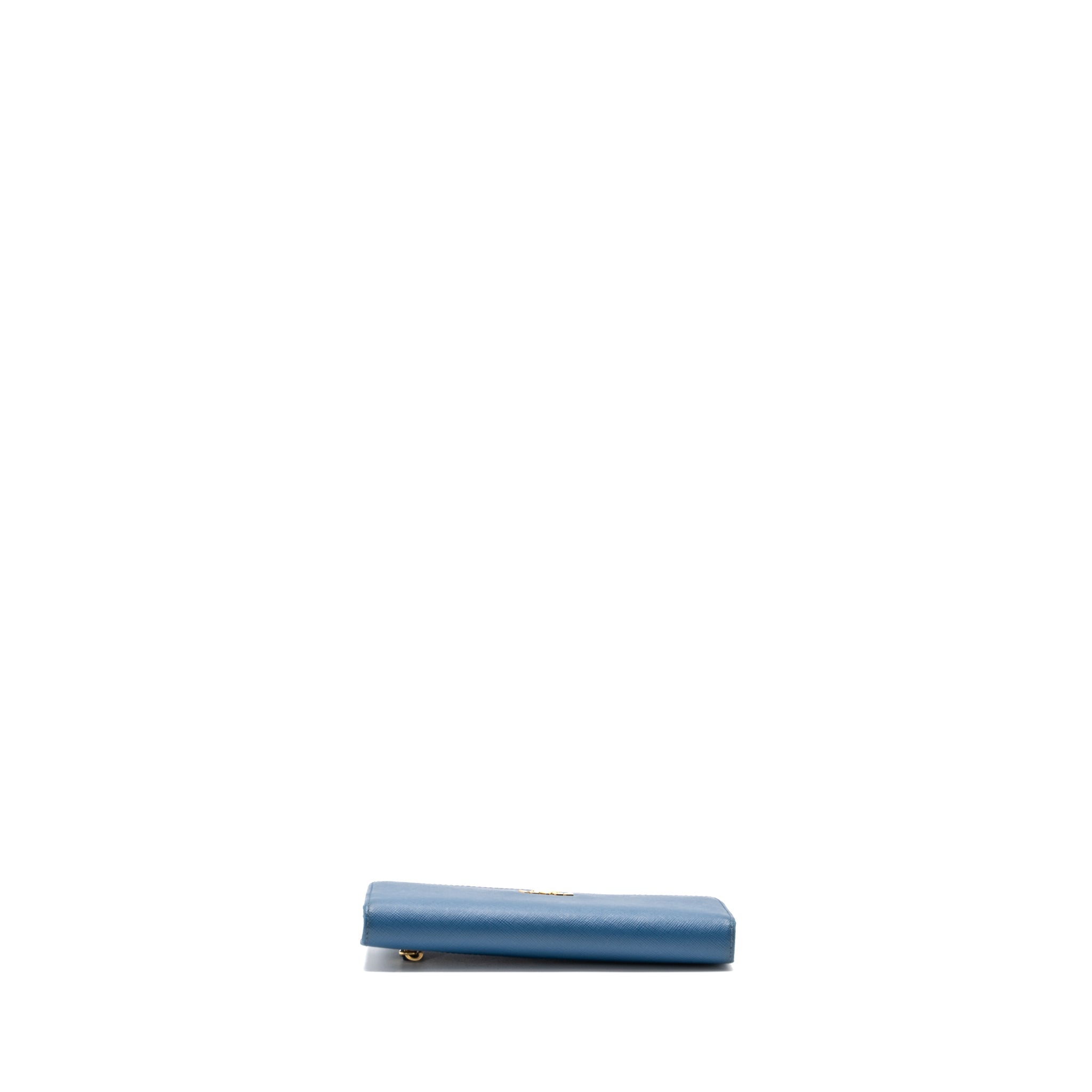 Prada Saffiano Long Wallet Calfskin Blue GHW