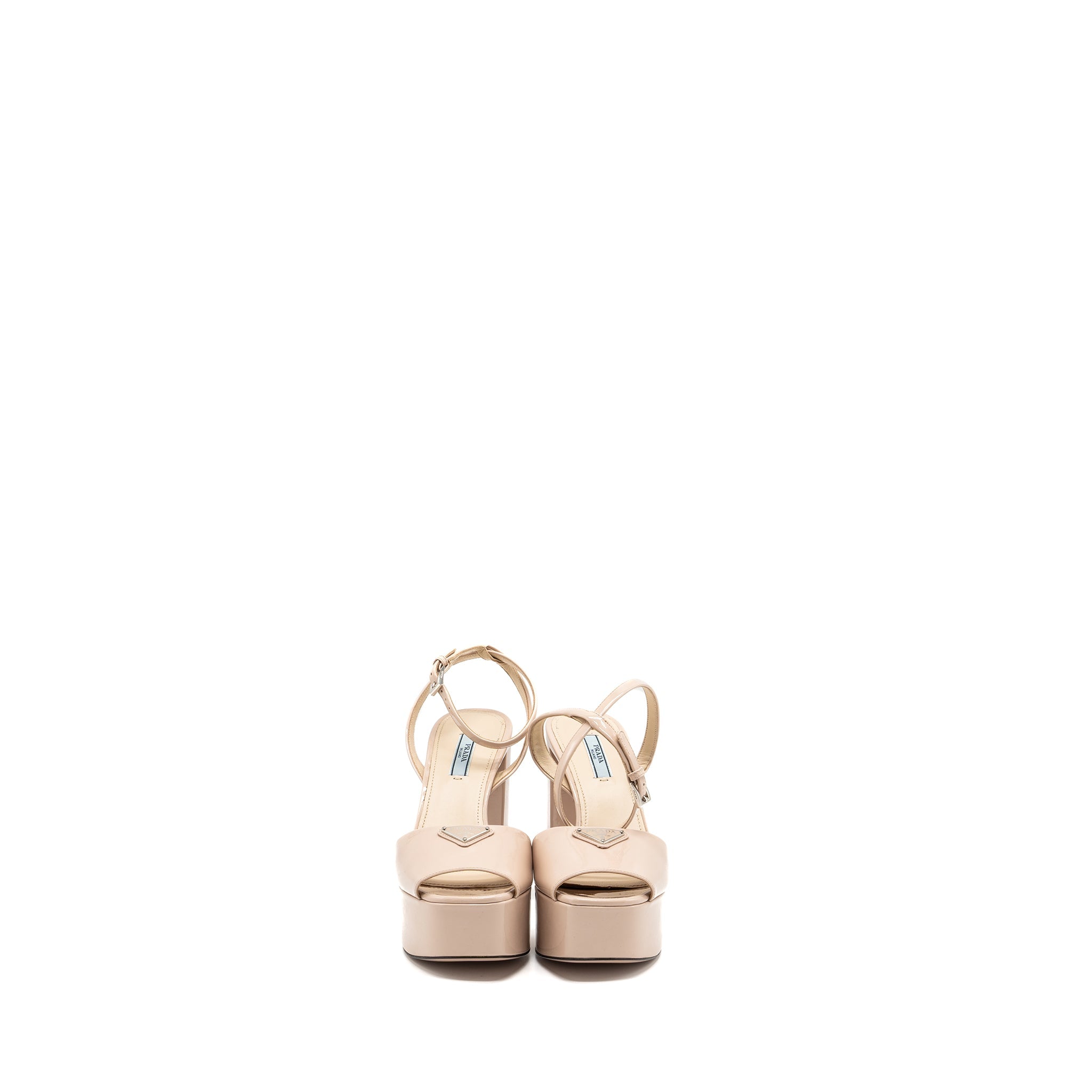 Prada Size 38.5 Heel Sandals Patent Leather Beige SHW