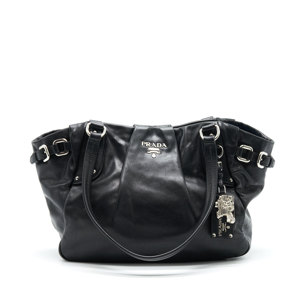 PRADA Prugna Soft Calfskin Leather Shopping Tote Bag Black