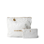 Chanel White Calfskin Quilted 22 Hobo Bag Medium Antique Gold Hardware