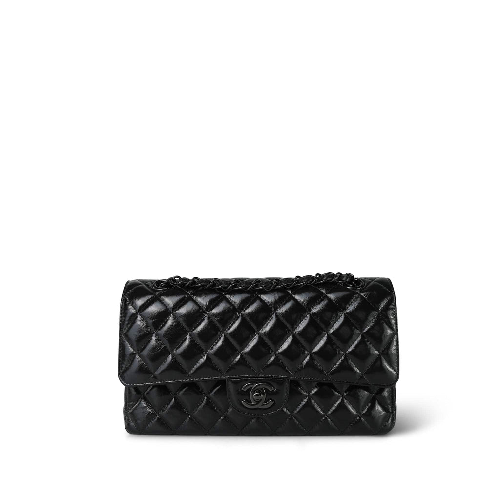 Chanel So Black Shiny Crumpled Calfskin Quilted Medium Classic Flap