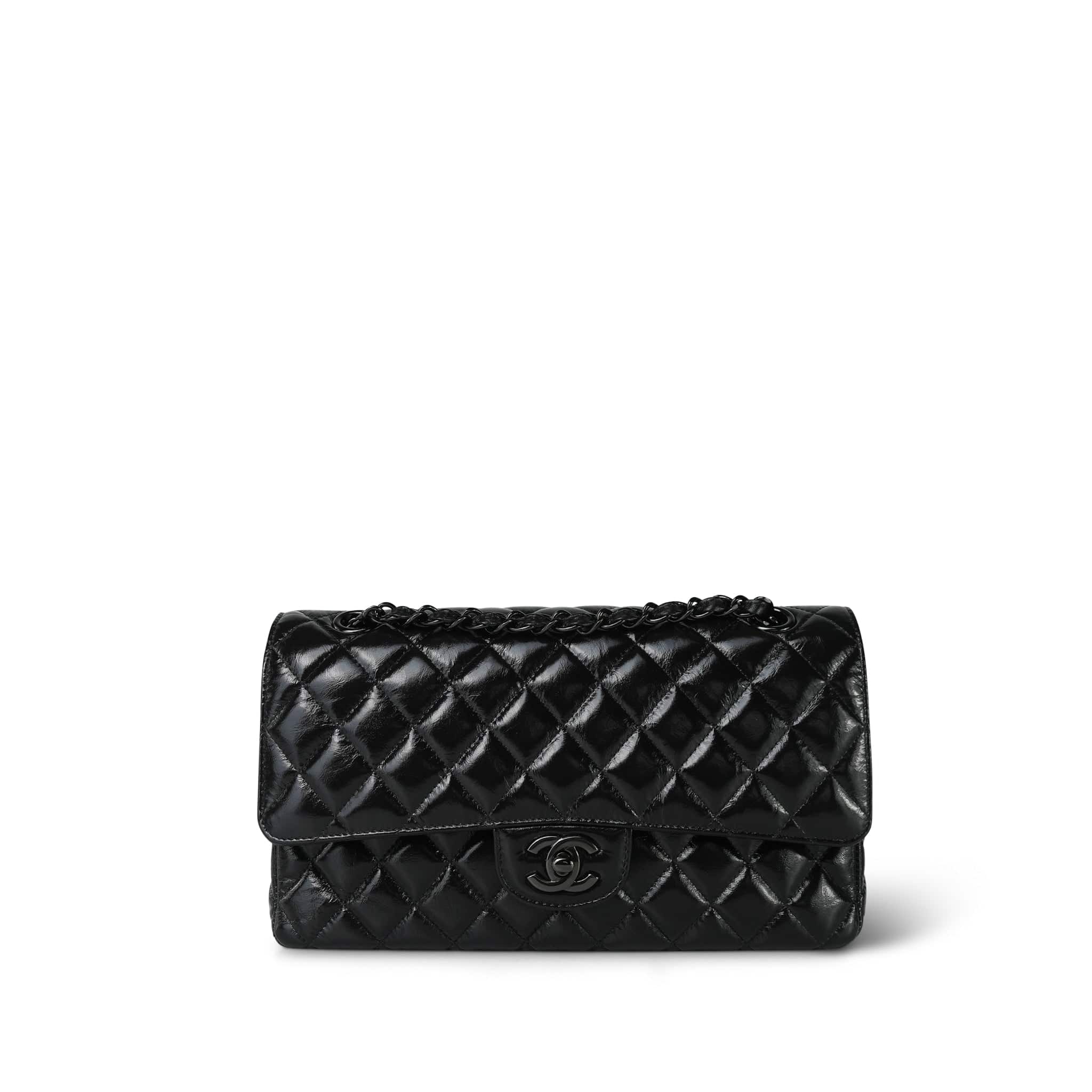 Chanel So Black Shiny Crumpled Calfskin Quilted Medium Classic Flap