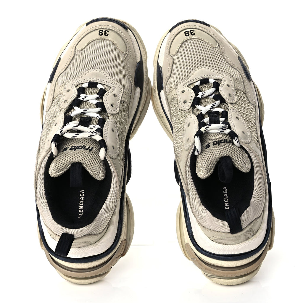 Balenciaga Fabric Mesh Womens Triple S Sneakers 38 Beige Black