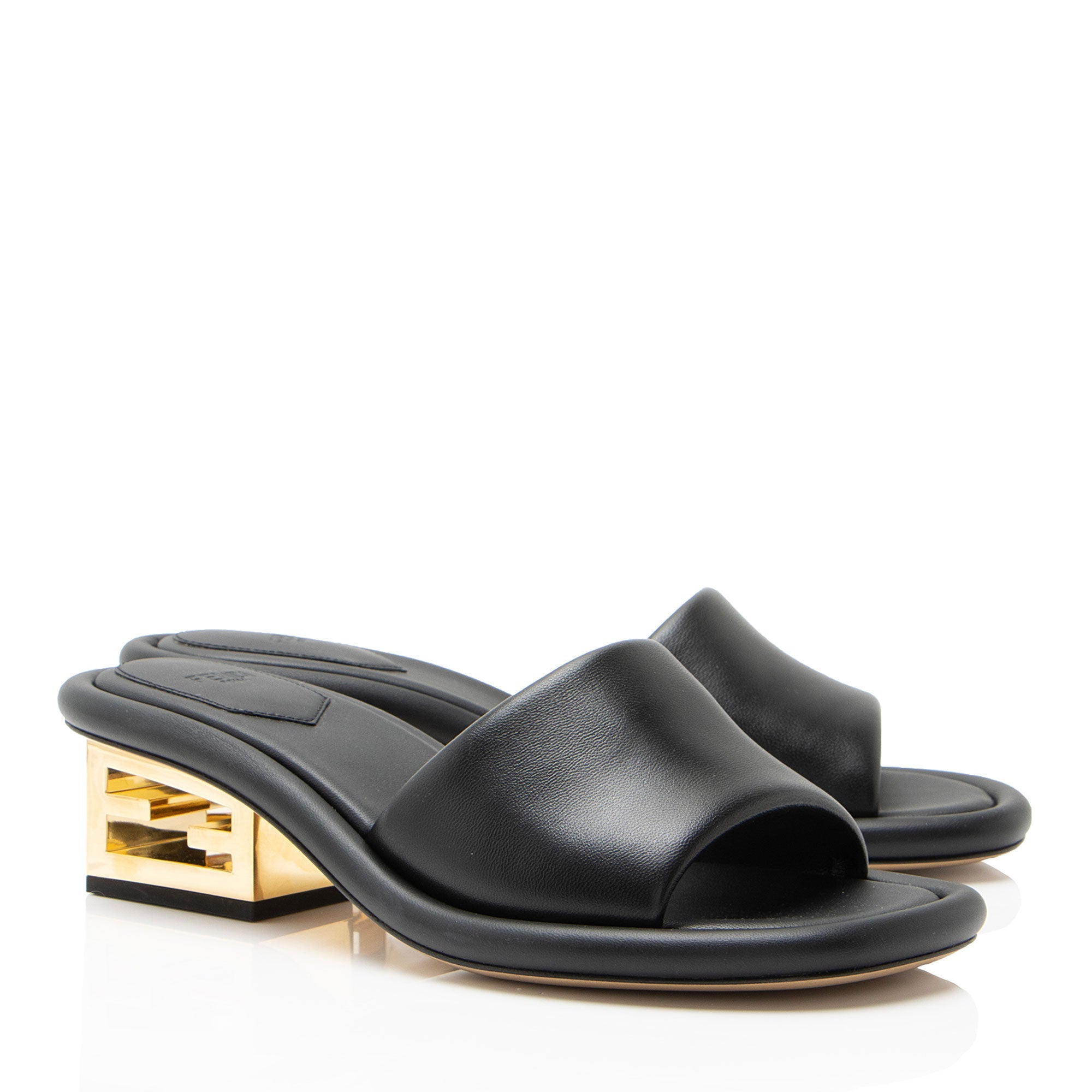 Fendi Leather Baguette FF Cutout Heel Mules - Size 7.5 / 37.5