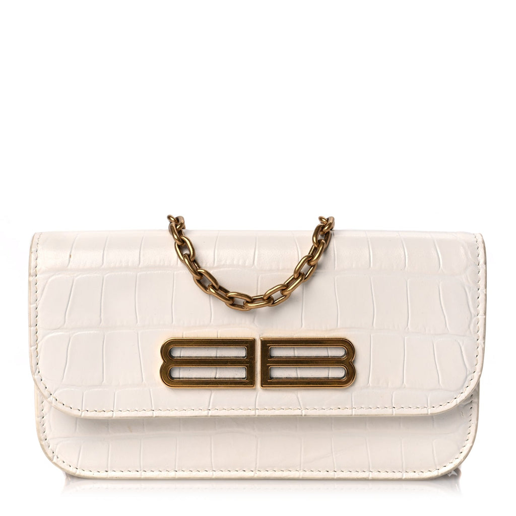 Balenciaga Extra Supple Calfskin Crocodile Embossed Gossip Wallet On Chain Optic White