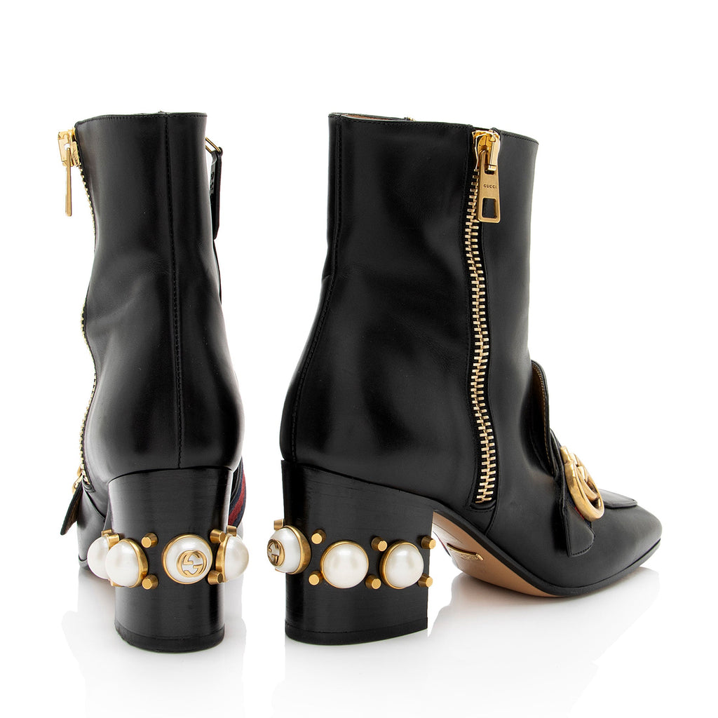 Gucci Calfskin GG Web Pearl Peyton Ankle Boots - Size 7 / 37 (SHF-NfjHOv)
