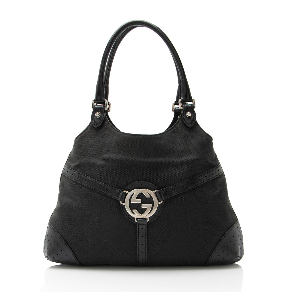 Gucci Canvas Perforated Leather Interlocking G Reins Satchel