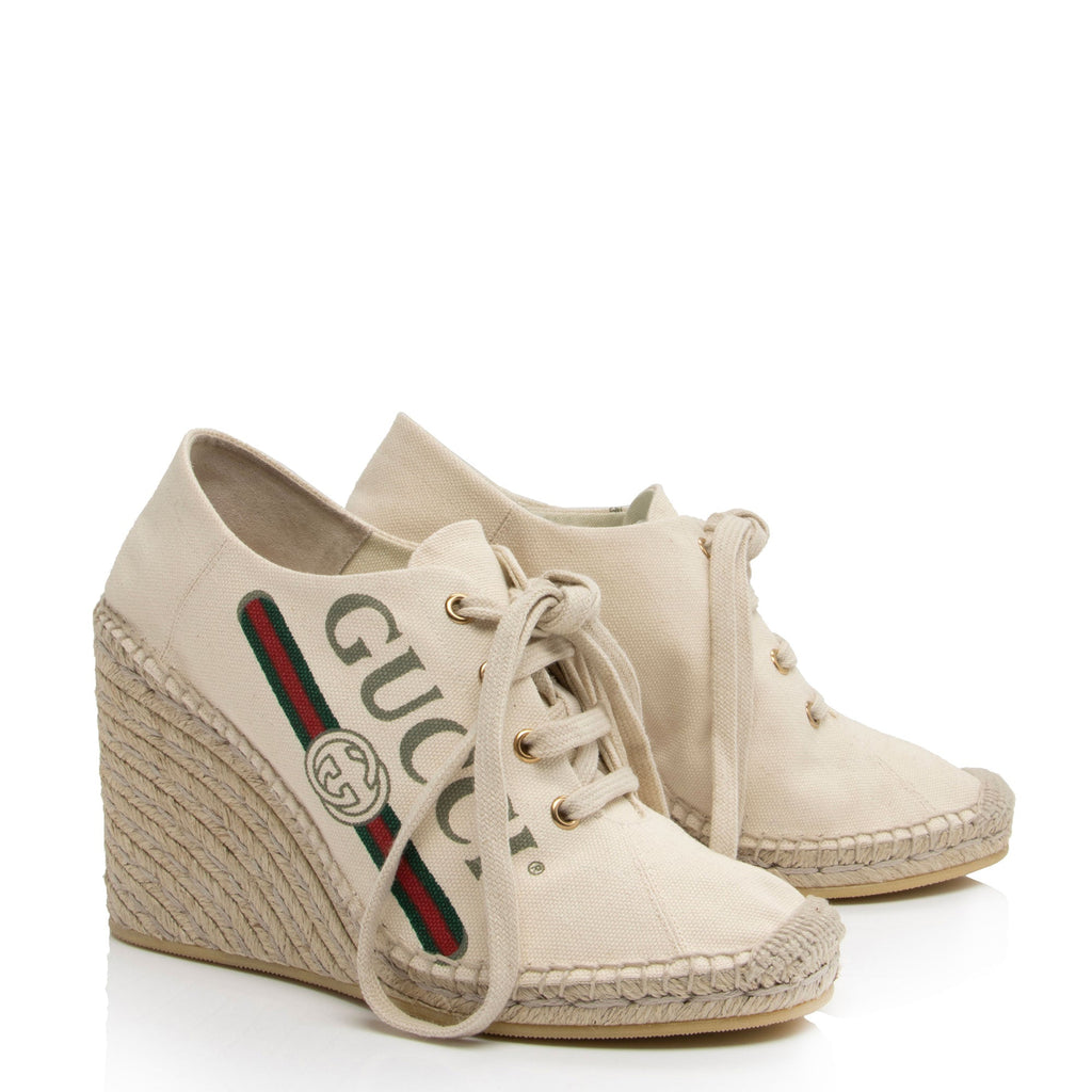 Gucci Canvas Logo Wedge Espadrilles - Size 9.5 / 39.5 (SHF-iPC3To)
