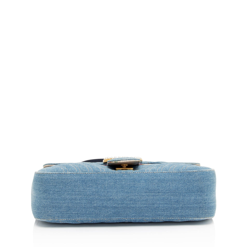 Gucci Denim Matelasse Pearl GG Marmont Small Flap Bag (SHF-JQgdk7)