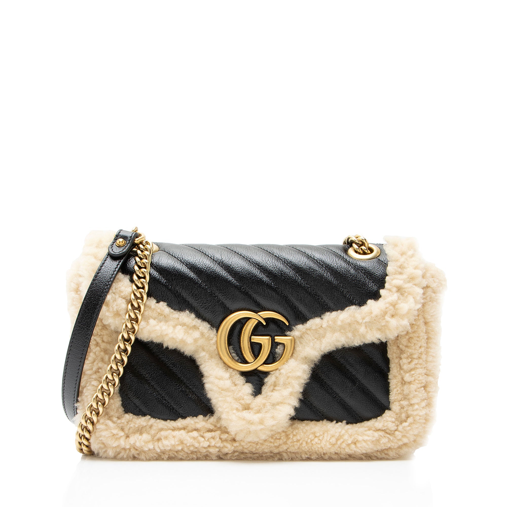 Gucci Diagonal Matelasse Leather Shearling GG Marmont Medium Flap Bag