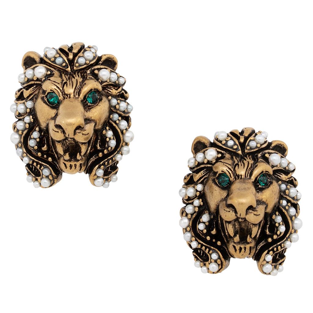 Gucci Faux Pearl Crystal Lion Head Clip On Earrings (SHF-22367)