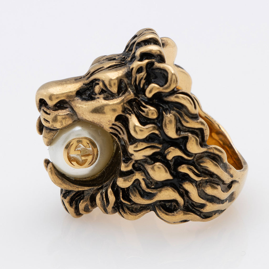 Gucci Faux Pearl Lion Head Ring - Size 6 1/2