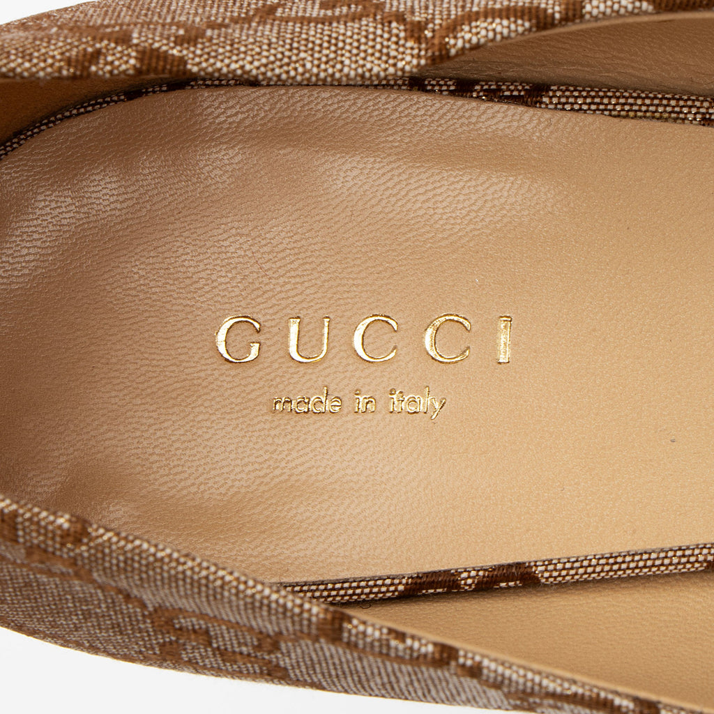 Gucci GG Canvas Horsebit Peep Toe Wedges - Size 9 / 39 (SHF-EyPaa5)