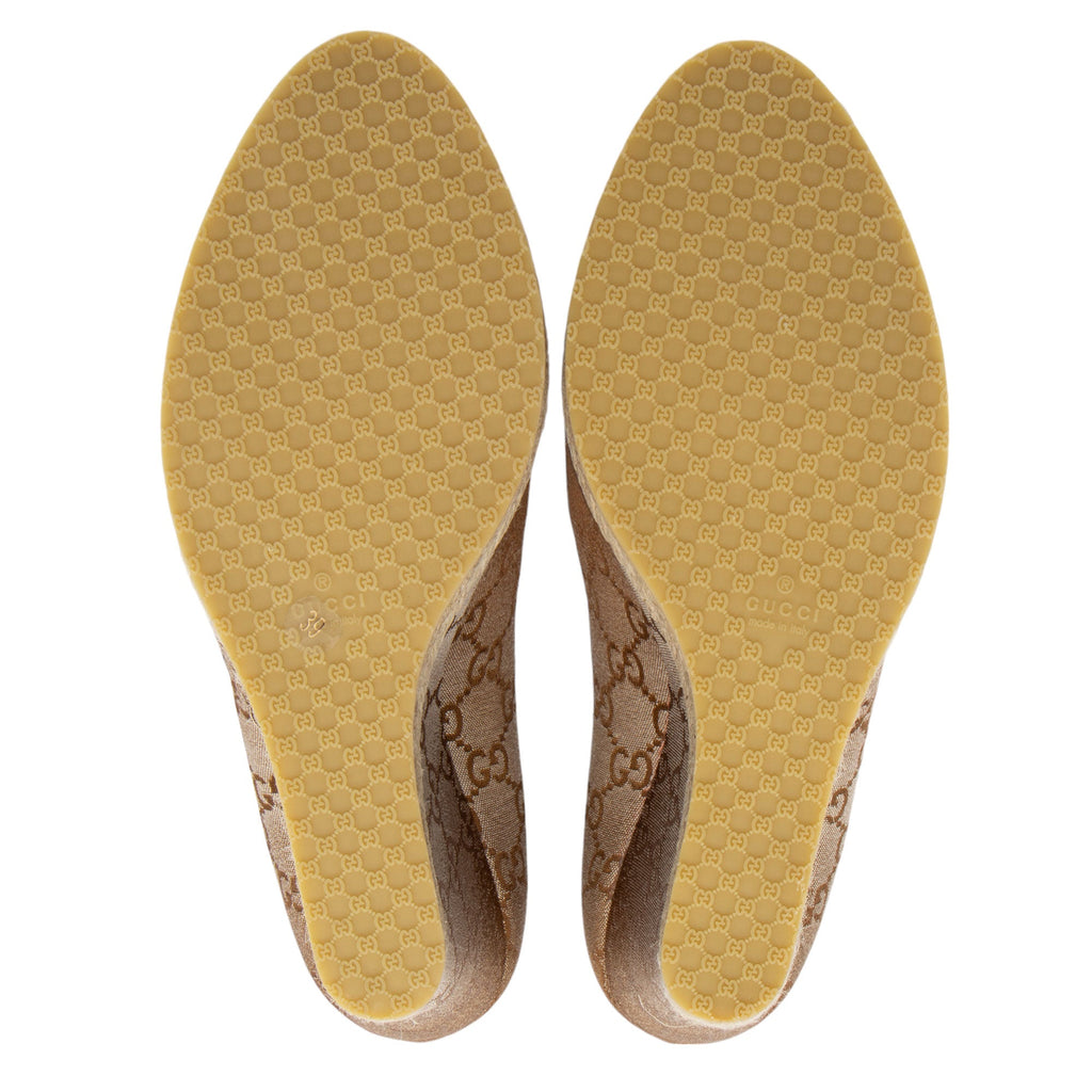 Gucci GG Canvas Horsebit Peep Toe Wedges - Size 9 / 39 (SHF-EyPaa5)