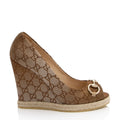 Gucci GG Canvas Horsebit Peep Toe Wedges - Size 9 / 39 (SHF-EyPaa5)