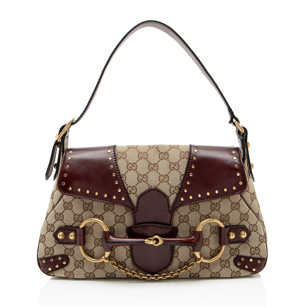 Gucci GG Canvas Leather Studded Horsebit Shoulder Bag