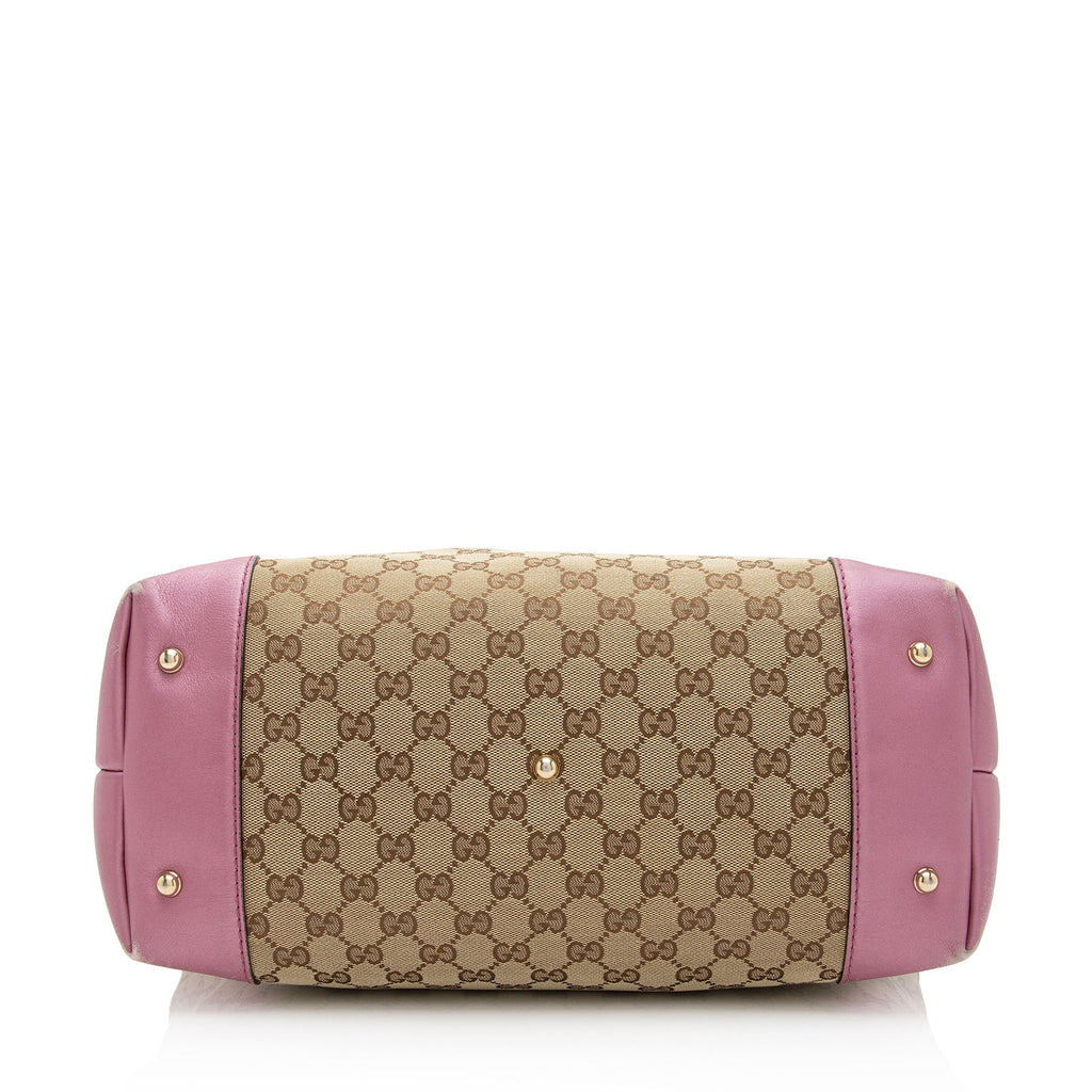 Gucci GG Canvas Metallic Leather Heart Bit Charm Medium Tote (SHF-5MJYxM)