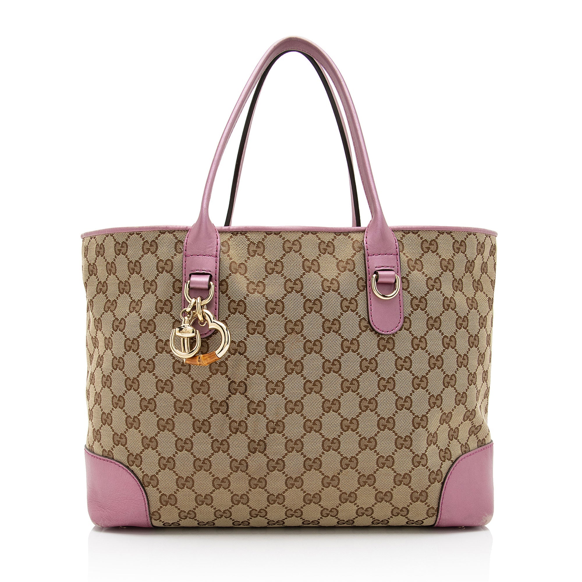 Gucci GG Canvas Metallic Leather Heart Bit Charm Medium Tote (SHF-5MJYxM)