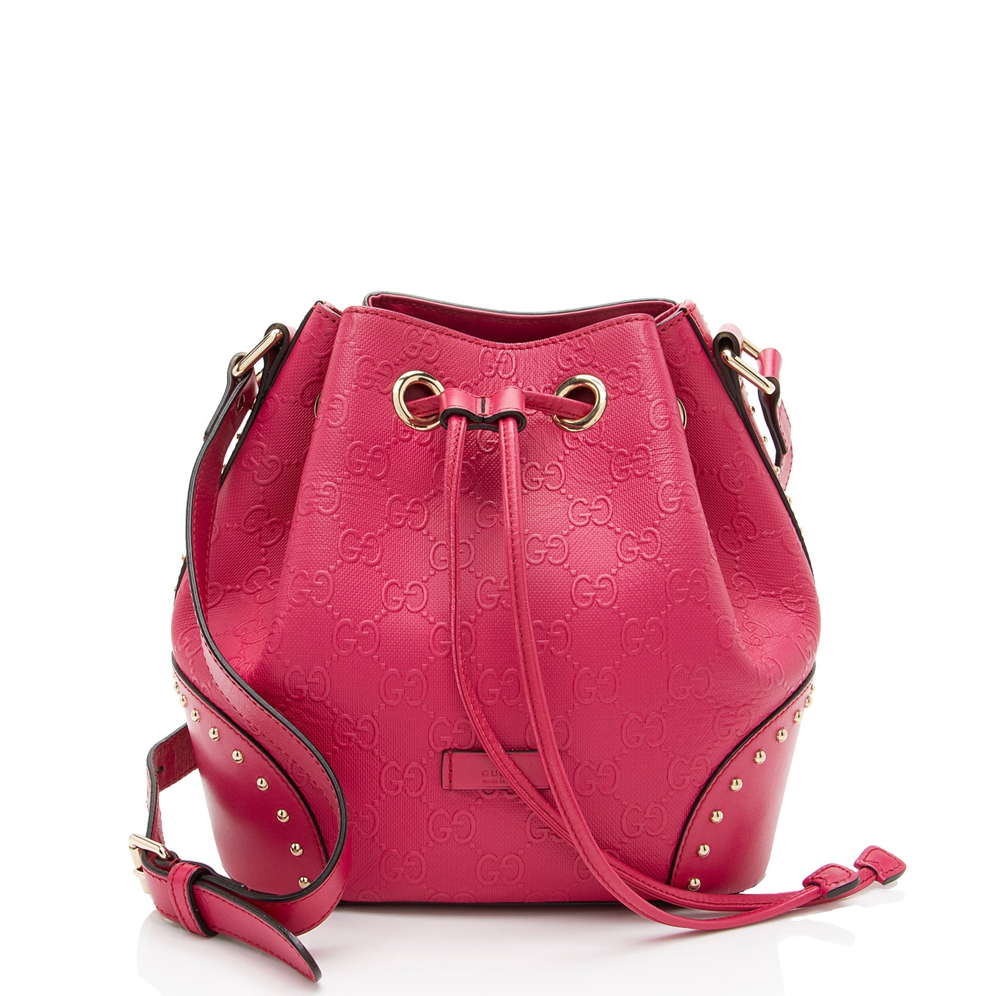 Gucci GG Debossed Diamante Leather Studded Bright Bucket Bag