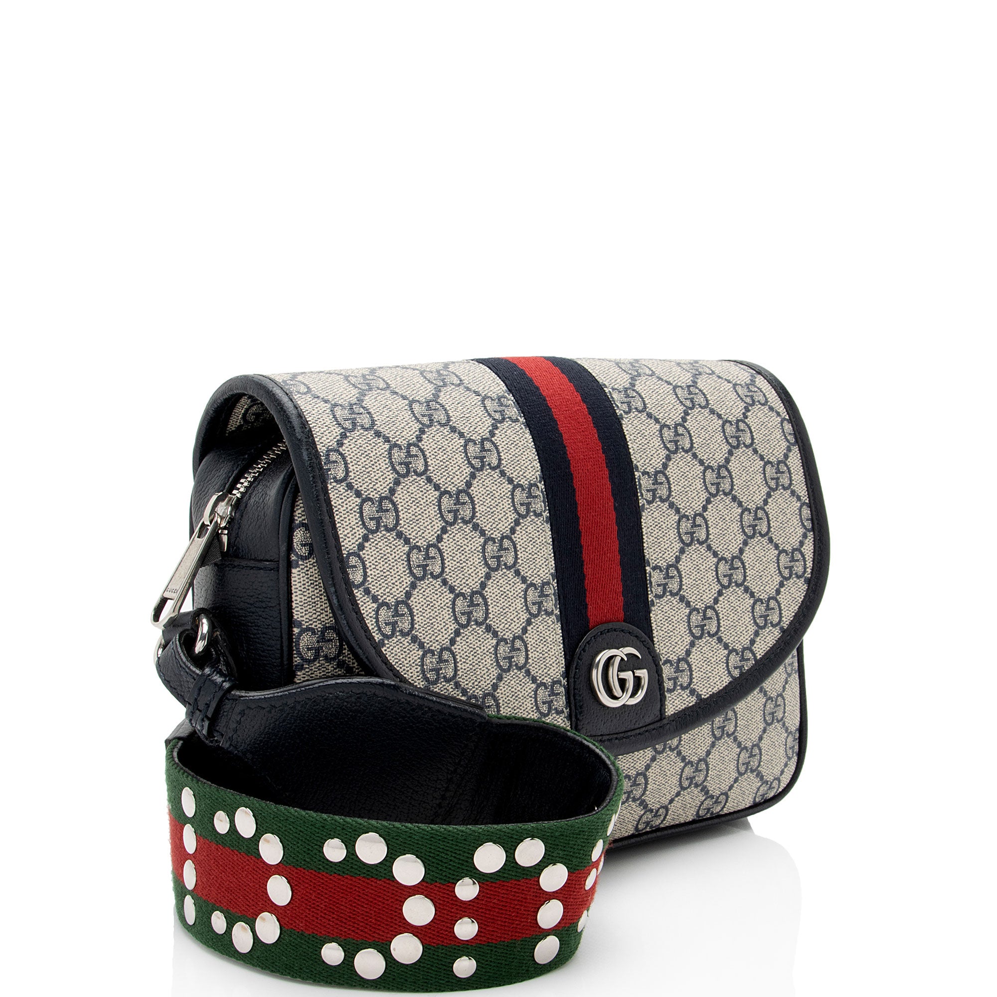 Gucci GG Supreme Ophidia Studded Web Flap Small Messenger (SHF-PTZrcp)