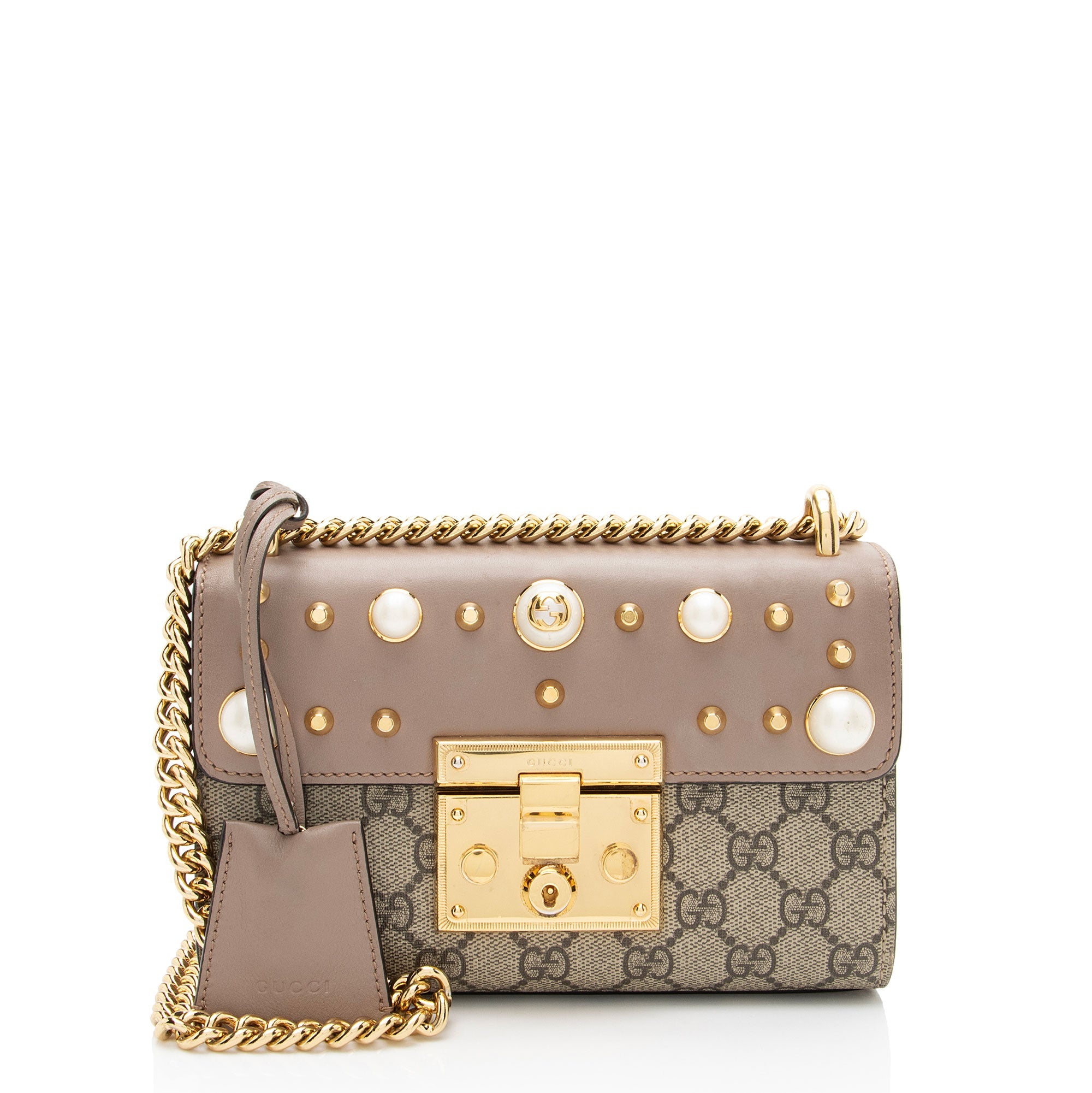 Gucci GG Supreme Pearl Stud Padlock Small Shoulder Bag
