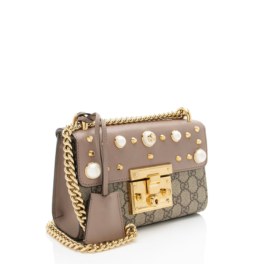 Gucci GG Supreme Pearl Stud Padlock Small Shoulder Bag