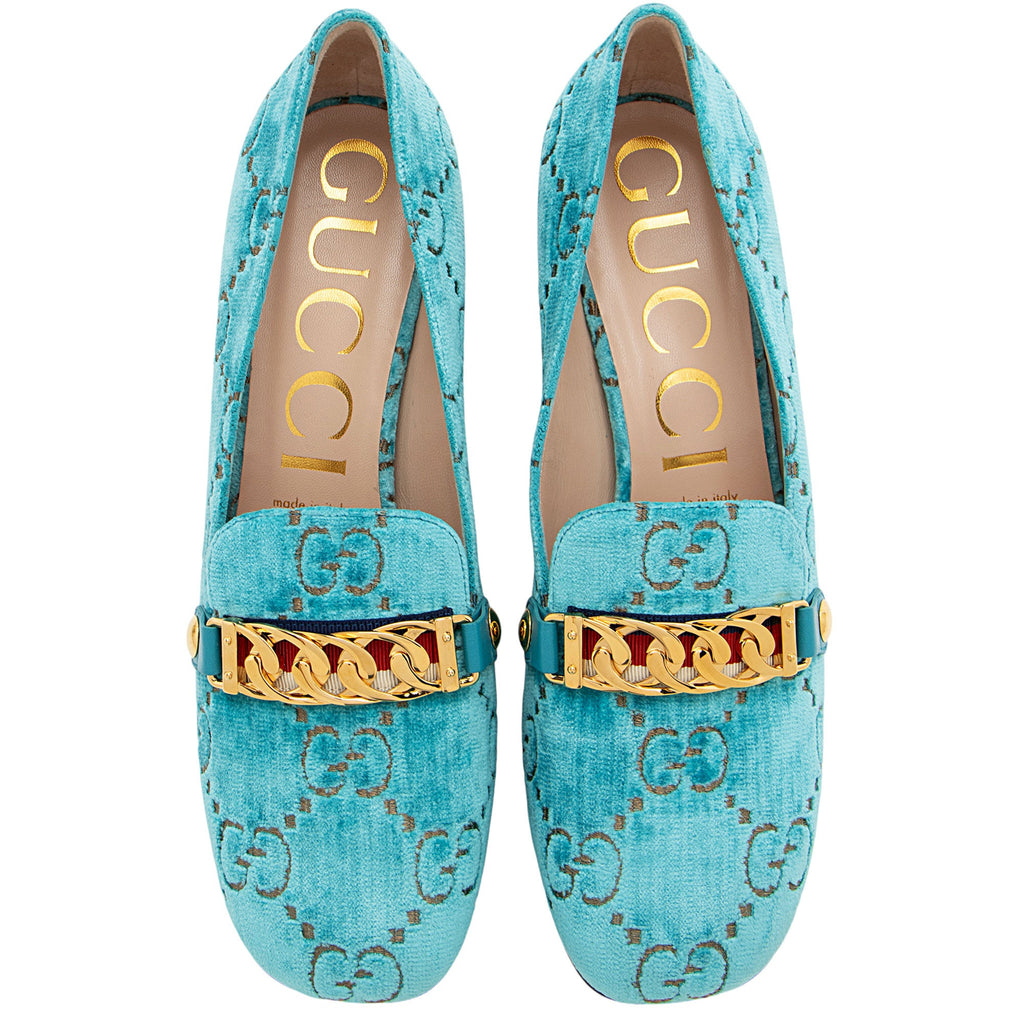 Gucci GG Velvet Web Chain Sylvie Loafers - Size 9 / 39 (SHF-UGunUB)