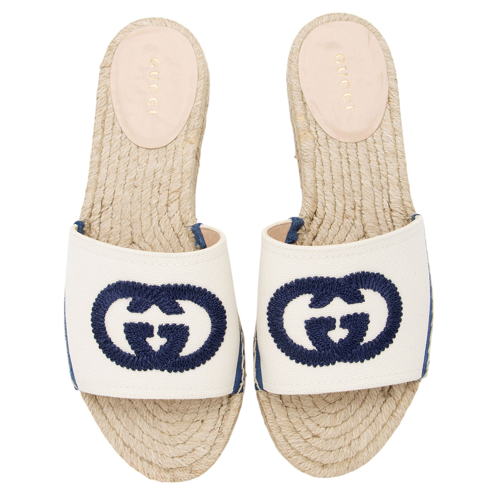 Gucci Canvas Embroidered Interlocking G Pilar Espadrille Slides - Size 6 / 36