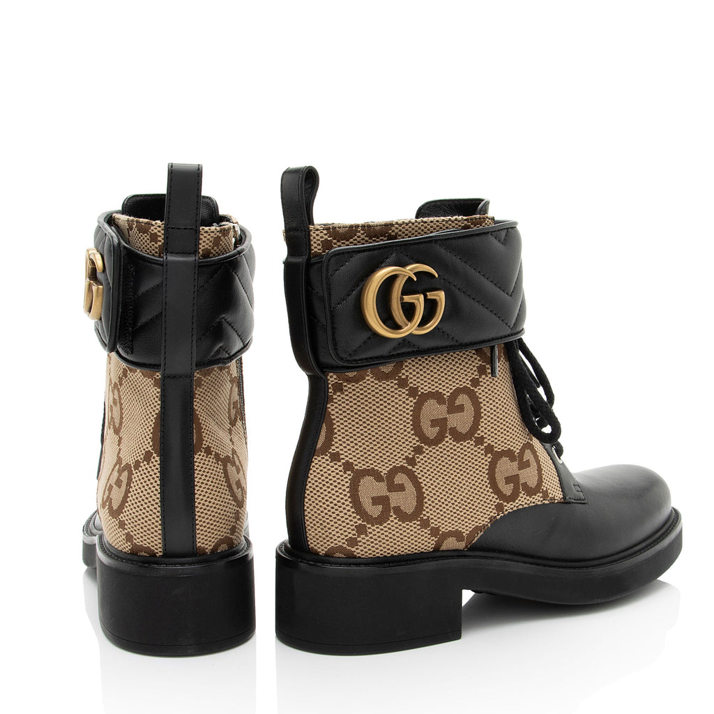 Gucci Jumbo GG Canvas Leather GG Marmont Combat Boots - Size 6.5 / 36.5