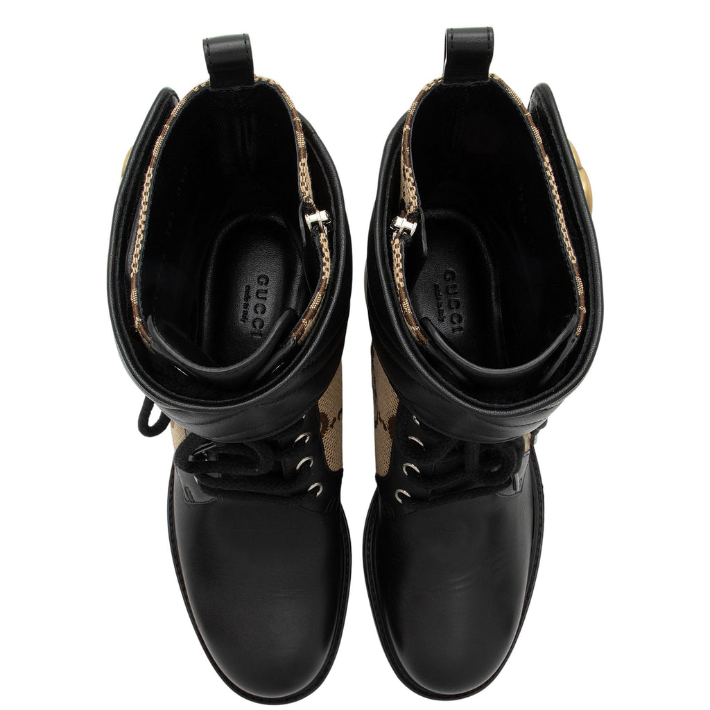 Gucci Jumbo GG Canvas Leather GG Marmont Combat Boots - Size 6.5 / 36.5